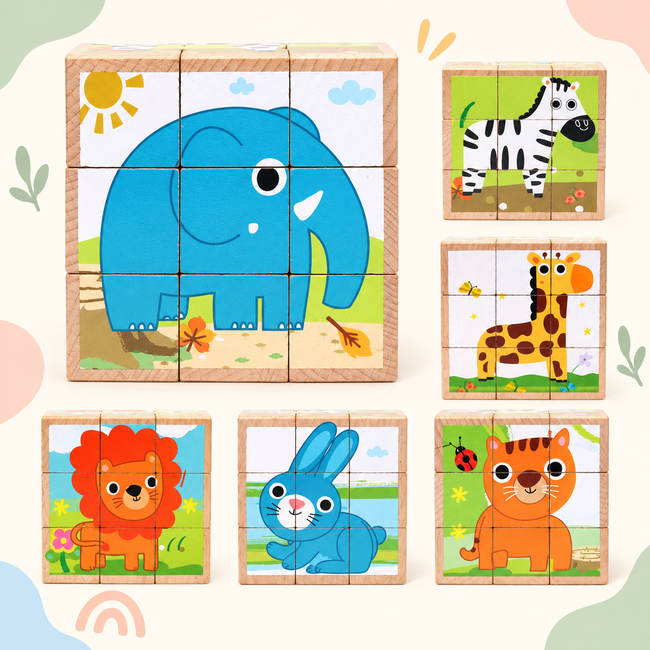 Six-Picture Wooden Cube Puzzle — 9 Blocks & Tray