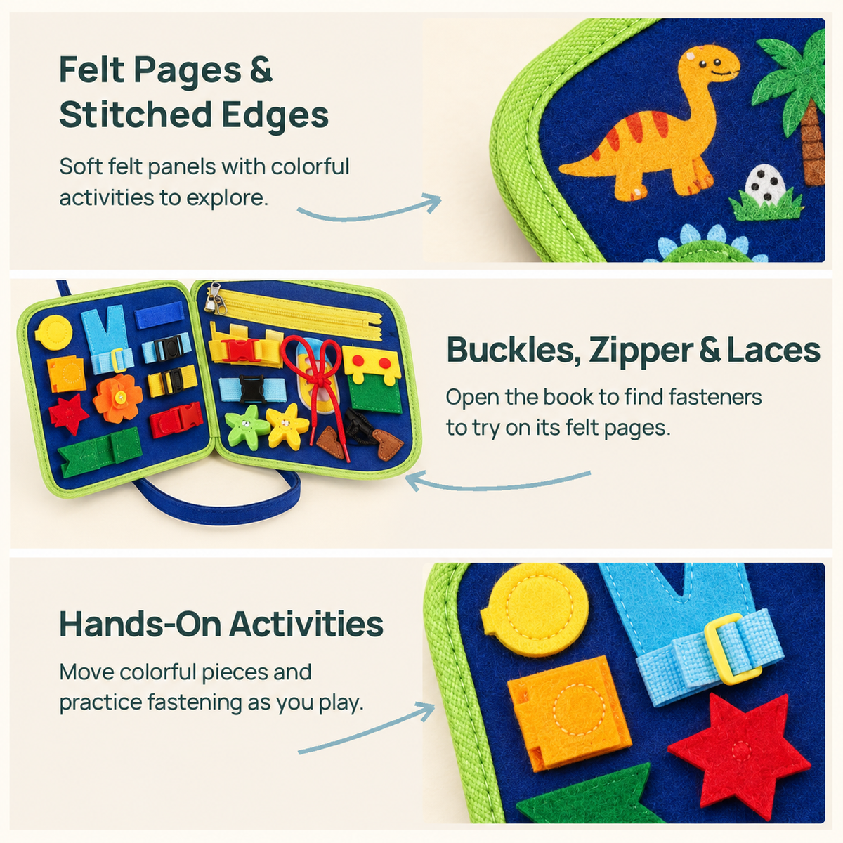 Felt page detail, Blue Dinosaur busy board in original Milo & Mini three-band layout (illustrative)