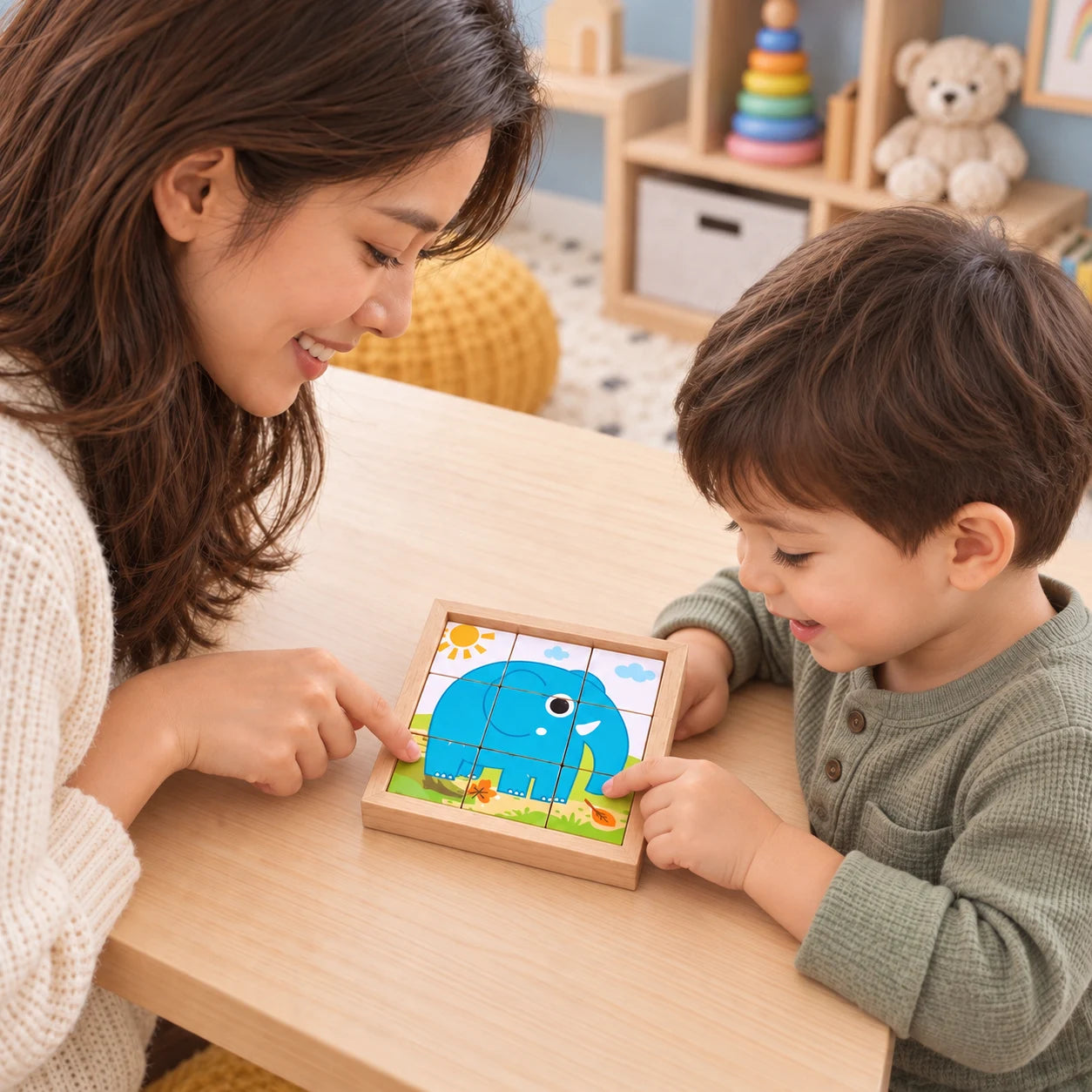 Shared family time with Six-Picture Wooden Cube Puzzle — 9 Blocks & Tray