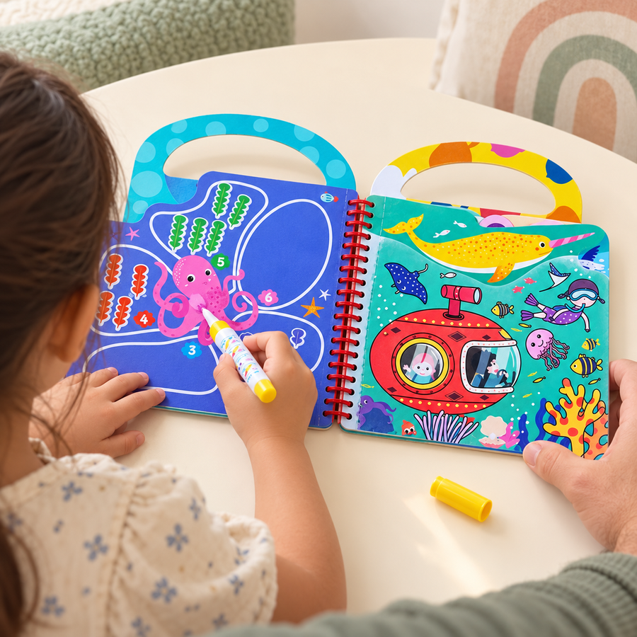 Child and parent painting the Ocean water book together (illustrative)