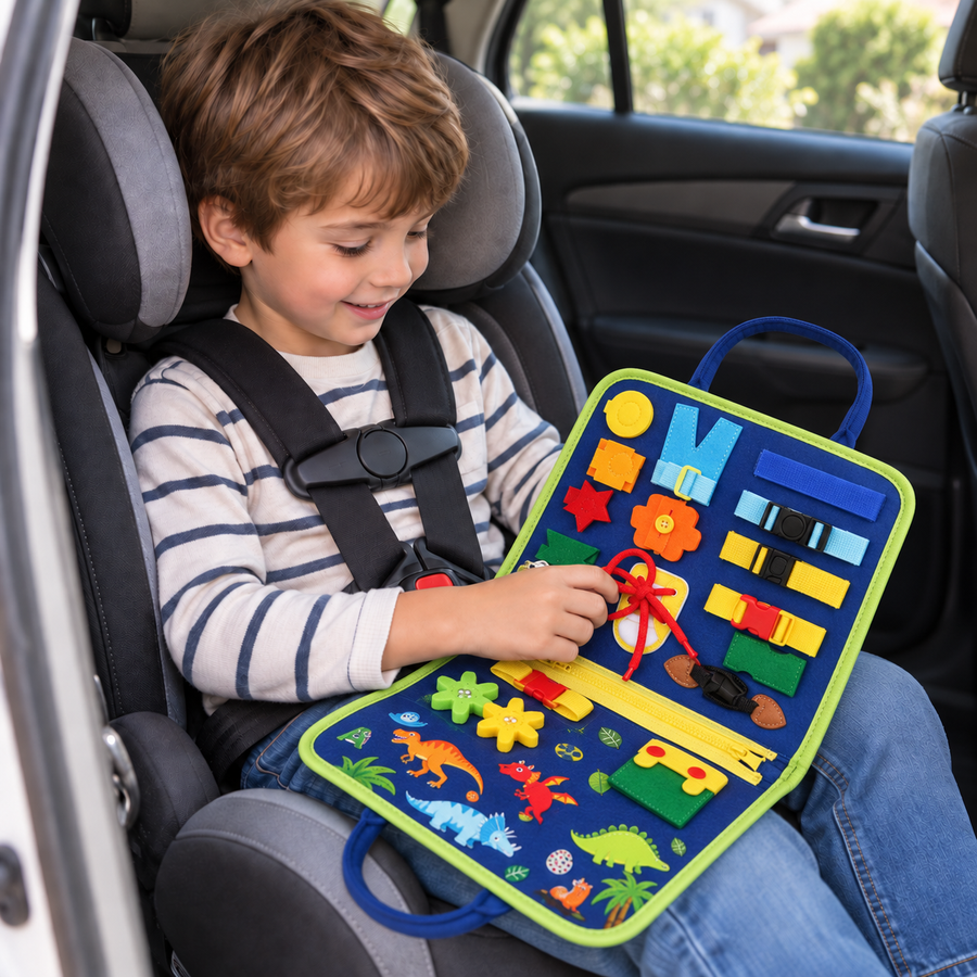Blue Dinosaur felt busy board while seated in a car (illustrative)