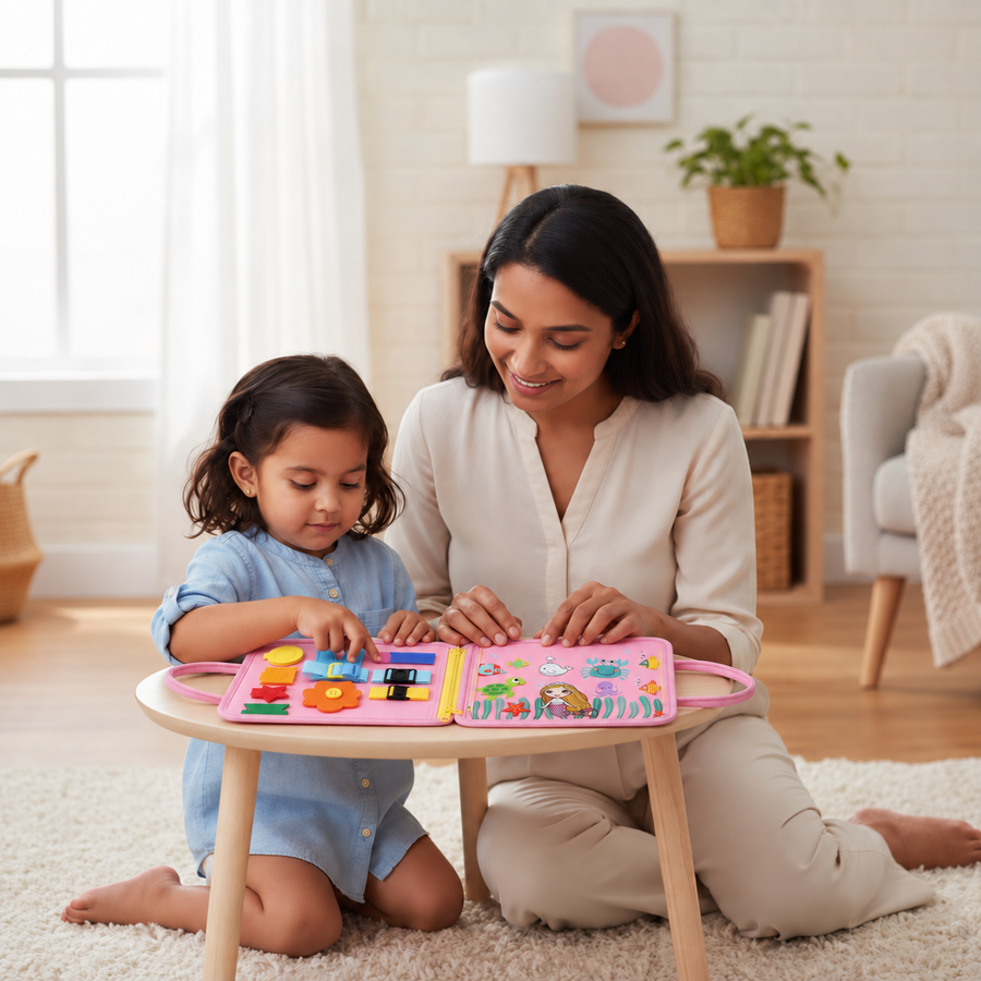 Pink Mermaid felt busy board with mother and child (illustrative)